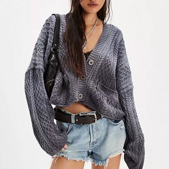 Free People Washed Ashore Cardi Knit Oversized Titanium Grey - Picture 1 of 7
